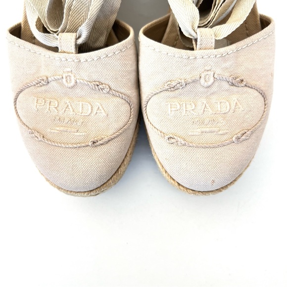 PRADA Beige Canvas Ankle Strap Lace Wrap Platform Wedges Sandal Espadrille Sz 38 - Picture 5 of 15